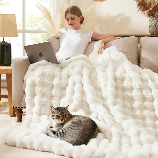 L'AGRATY Faux Fur Throw Blanket: 90" x 90" Luxury Soft Fluffy Thick Rabbit Fur Blankets for Queen Bed Couch - Cozy Plush Bubble Blankets for Winter: Warm Flannel Fleece Decorative Blanket(Cream White)