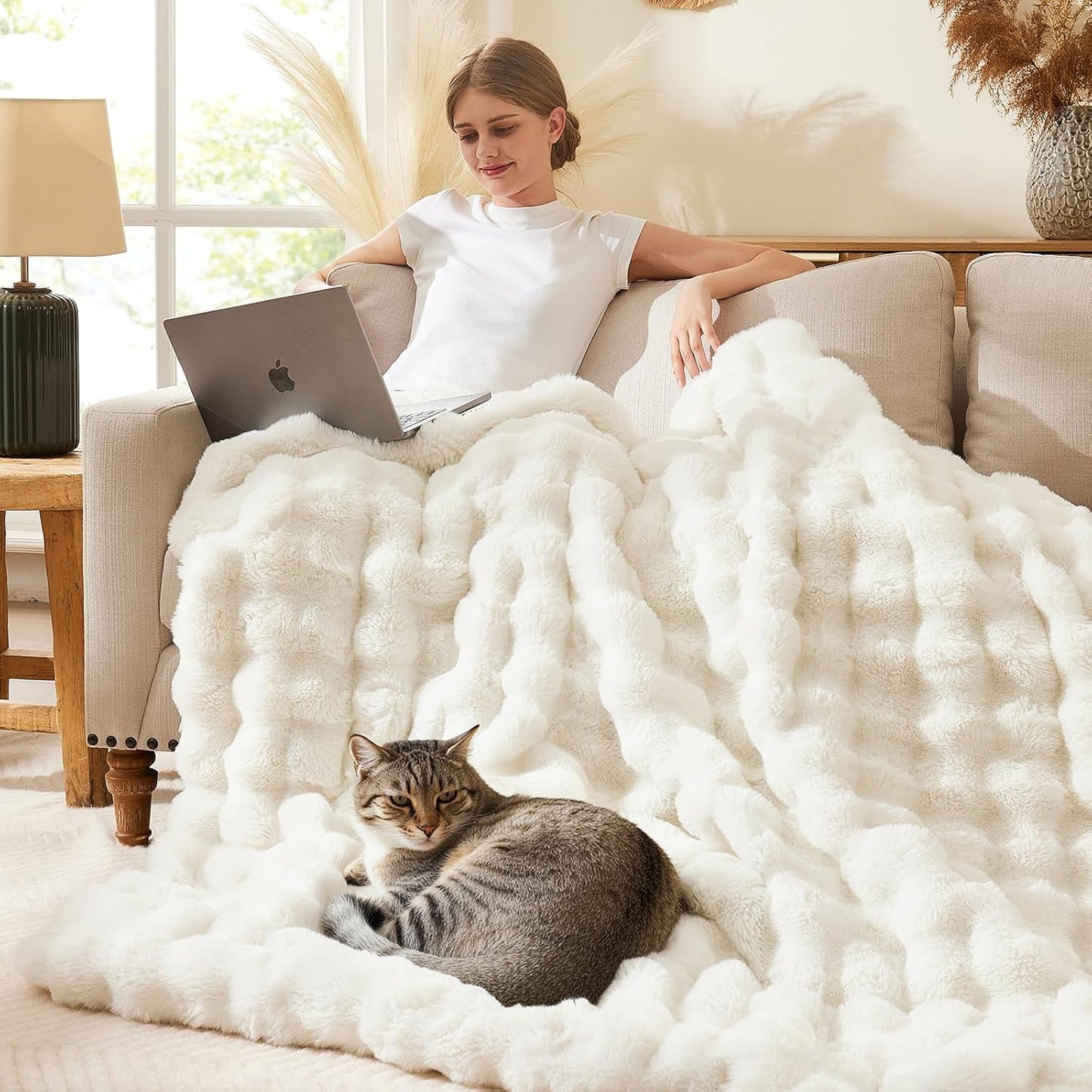 L'AGRATY Faux Fur Throw Blanket: 50" x 60" Luxury Soft Fluffy Thick Rabbit Fur Blankets for Couch Bed Sofa - Cozy Plush Bubble Blankets for Winter: Warm Flannel Fleece Decorative Blanket(Cream White)