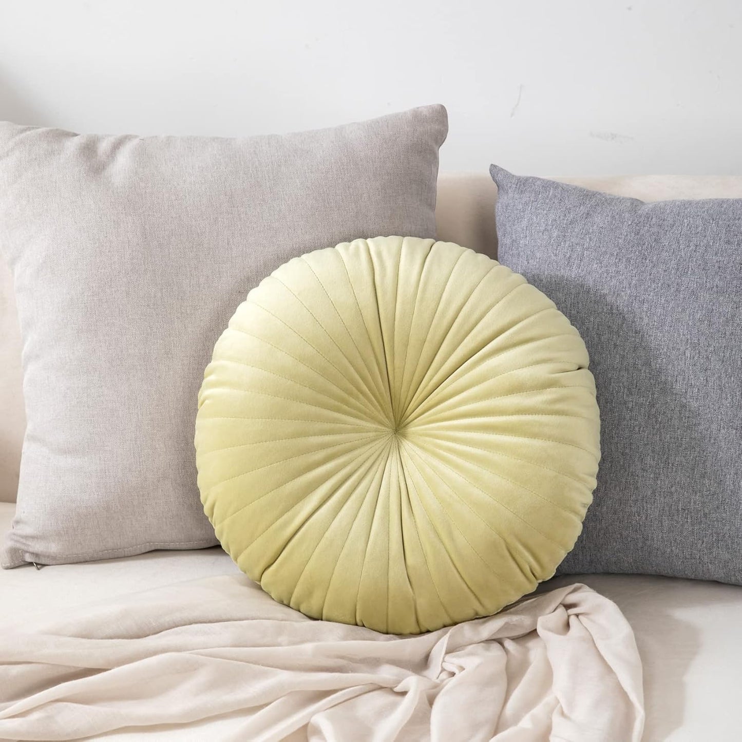 HLOVME Round Pillow Cushion for Couch Velvet Decorative Small Throw Pillow Solid Color for Living Room Bed Floor 15.7”, Lemon Yellow