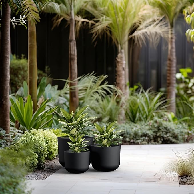 Kante 13",11",9" Dia Black Round Planters (Set of 3), Outdoor Indoor Modern Planter Pots, Lightweight, Weather Resistant, Seamless with Drainage Hole