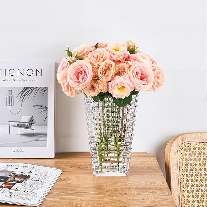 VECELO Crystal Glass Vase for Flowers, 11 Inch Clear Decorative Centerpiece Vase, Modern Square Textured Flower Vase for Dining Table, Wedding, Living Room, Office Decor