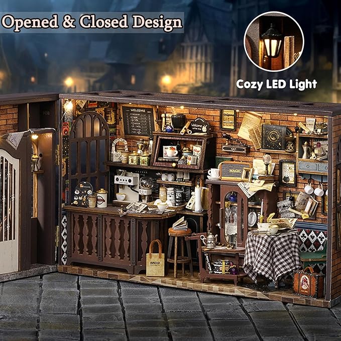 TuKIIE DIY Miniature Dollhouse Kit with Furniture, 1:24 Scale Creative Room Opened & Closed Wooden Doll House Plus Dust Proof for Kids Teens Adults(Vintage Coffee Shop)