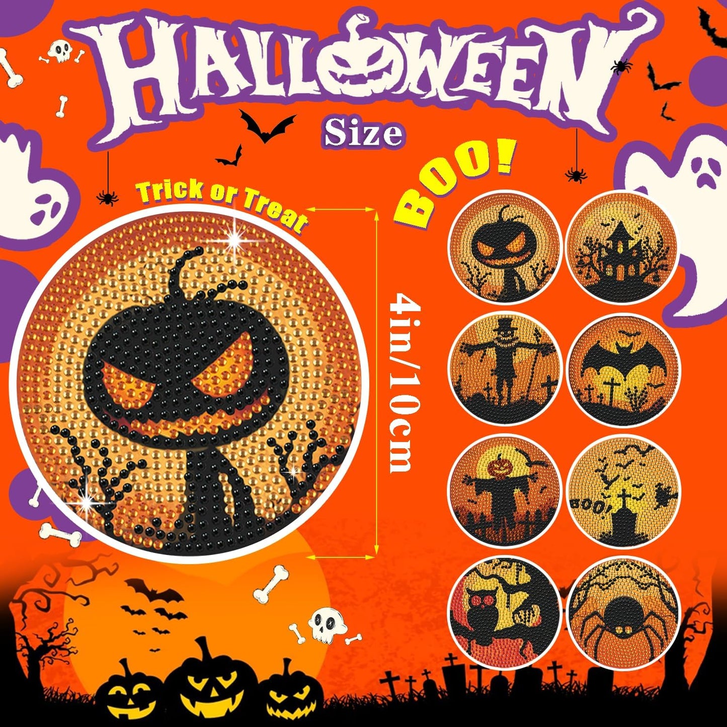 Leatrice 8PCS Halloween Diamond Art Coasters Set Small Diamond Painting Kits for Adults Beginners Women Round Full Drill Diamond Coasters with Holder Funny Arts Supplies for Party