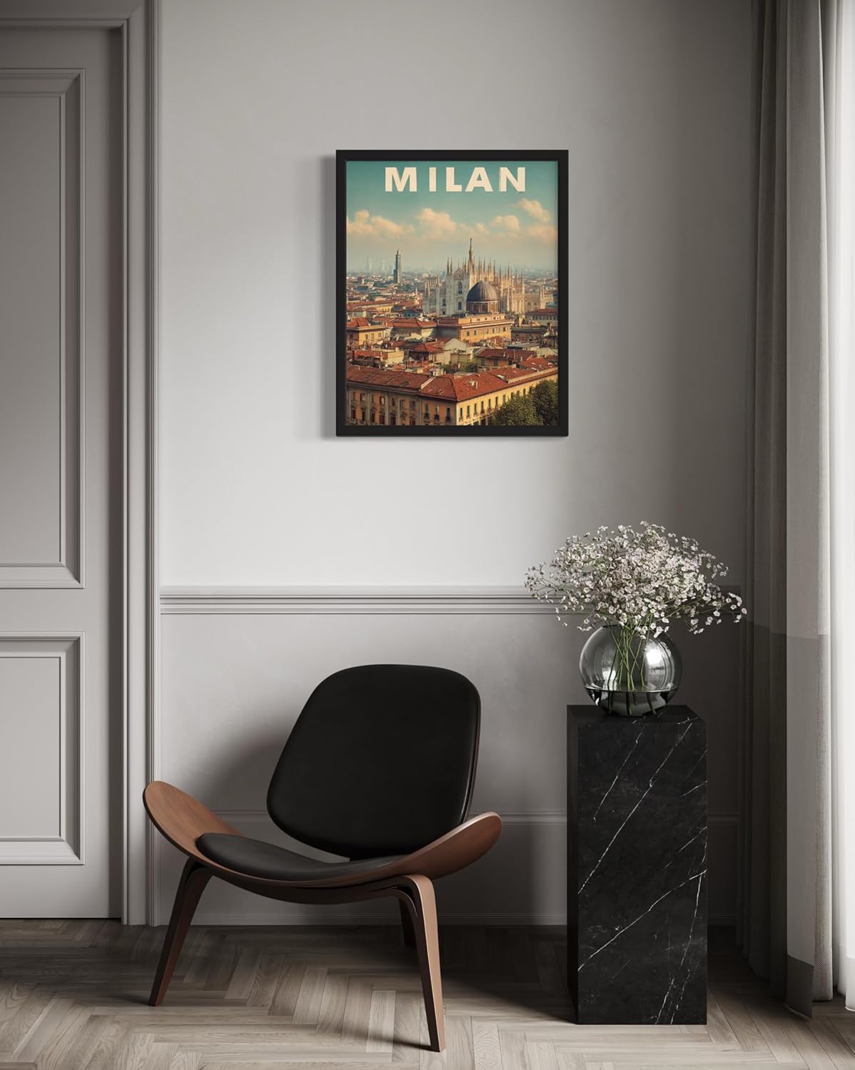 Milan, Italy Art Print Poster, Europe Vintage City Retro Photography Skyline Travel Bedroom Bathroom Living Room Decor 183 (Milan, Italy, 24 x 36 inches, Black Frame)