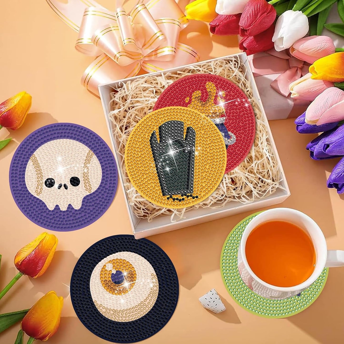 DOTSOPS 6 Pcs Halloween Diamond Art Coasters with Holder Diamond Painting Coasters Kits for Adults Beginners Diamond Craft for Christmas Halloween Birthday Gifts