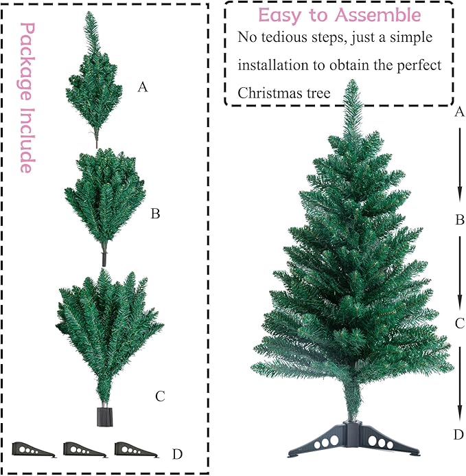 3FT Artificial Christmas Tree, Green Tabletop Christmas Tree with Metal Stand 160 Branch Tip Mini Xmas Pine Tree for Party Supplies Indoor Outdoor Holiday Home Decoration