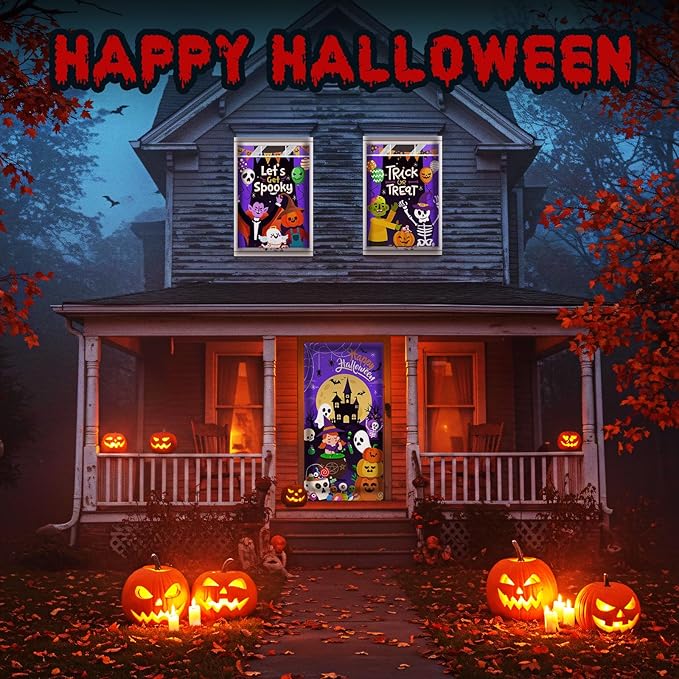 Tioncy 3 Pcs Halloween Window Door Covers Decorations Set Halloween Window Curtains Let's Get Spooky Trick or Treat Skull Pumpkin Ghost Castle Pattern Banner Porch Indoor Outdoor Decoration