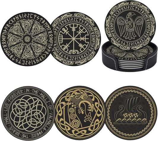 Black Viking Magical Runic Runes Leather Drinks Coasters with Holder, Set of 6, Suitable for Various Cups