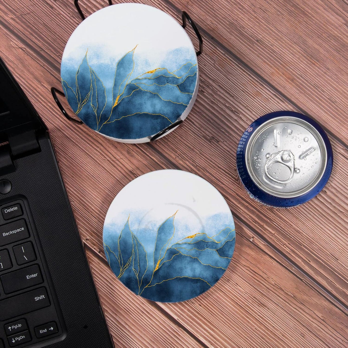 LOKMU Coasters for Drinks,Round Absorbent Ceramic Stone Coaster Sets of 6 with Metal Holder Stand,Blue Paint and Golden Shiny Veins Coasters with Cork Base for Coffee Wooden Table,Housewarming Gifts
