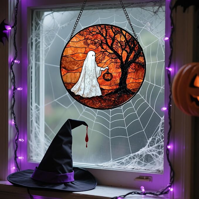 Stained Glass Window Hanging - Halloween Ghost Holding A Pumpkin Lantern Suncatcher for Door Garden Spooky Tree Sun Catchers Gothic Decorations Horror Gifts for Women Men Friend 6.3 in