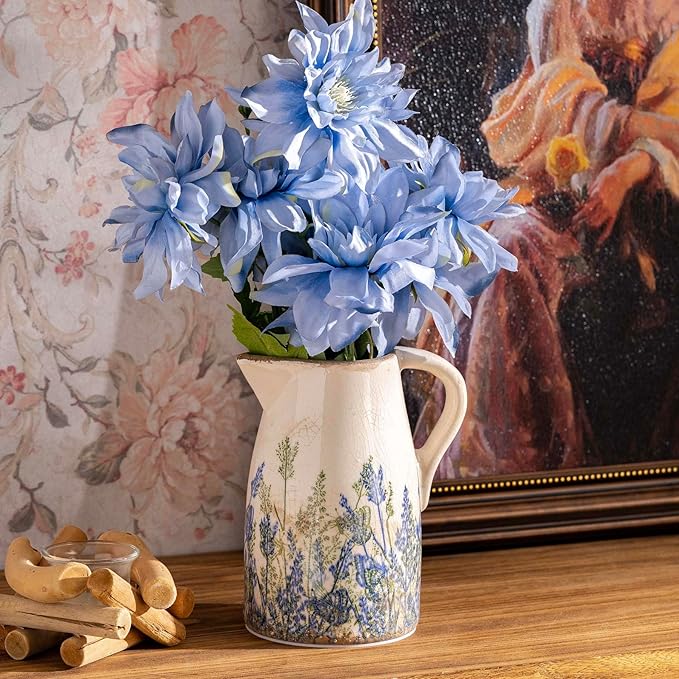 Navy Blue and Green Vintage Ceramic Floral Pitcher Vase, Rusitc Farmhouse Beige Decorative Flower Vase for Home Decor, Living Room, Rustic Table Centerpiece, Grand Millenial & Tuscan Decor 7.3 in