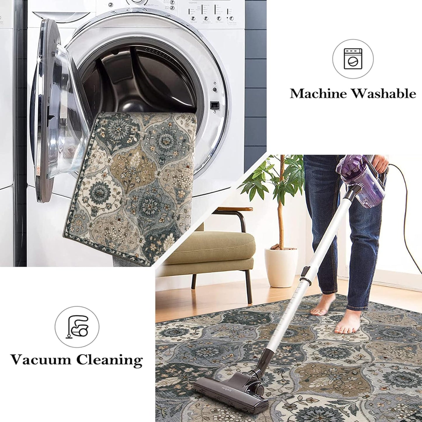 Lahome Moroccan Machine Washable Area Rugs, 4x6 Rug for Living Room Bedroom, Soft Non-Slip Rug Vintage Trellis Ultra-Thin Throw Carpet for Dining Room Office, Grey