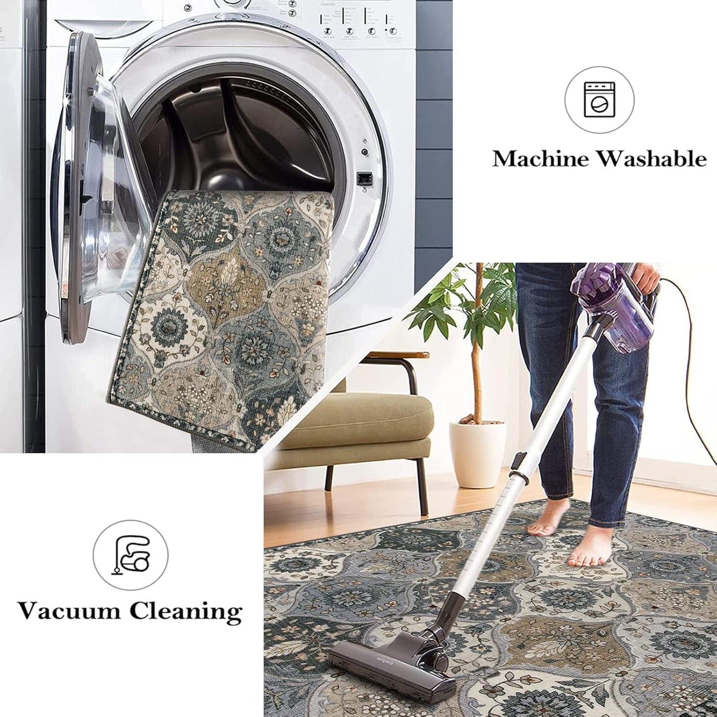 Lahome Moroccan Trellis Round Area Rugs, Washable Small Round Rug 3ft Non-Slip, Soft Vintage Ultra-Thin Circle Carpet for Bedroom Entryway Kitchen Laundry Bathroom, Grey