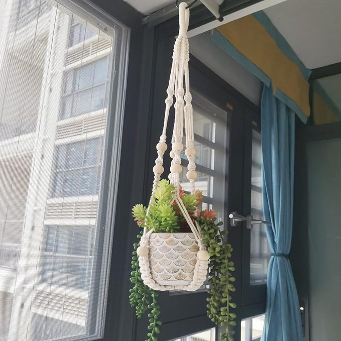 Macrame Plant Hanger 35", Set of 2 No Tassel Hanging Plant Holder, Sturdy Flower Pot Holder with 4 Hooks - Ivory
