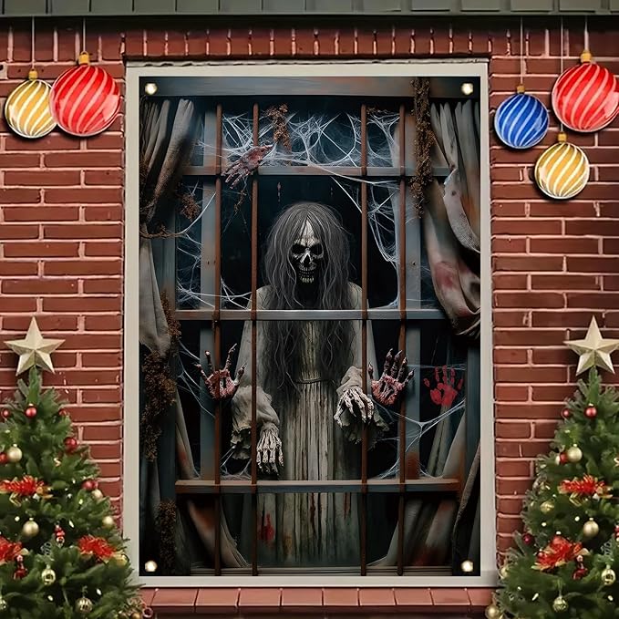 Window Cover Halloween 47x31 Inch Scary Skeleton Ghost Bloody Handprint Banner Creepy Window Decoration for Haunted House Indoor Outdoor Poster Porch Decor