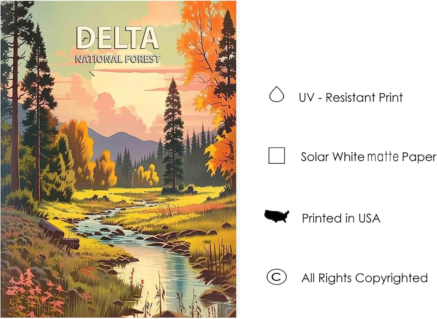 Delta National Forest Poster Art Print Retro Mountain Wall Art Poster Vintage Decor Nature Recreation Wilderness Wildlife Decoration, Outdoor Adventure Scenic Beauty Artwork. (Delta National Forest,