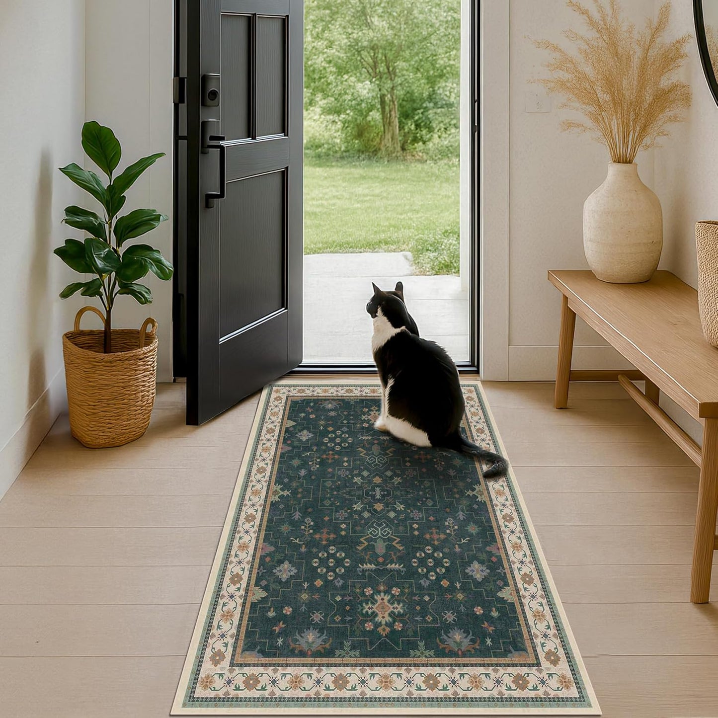 Dark Green Oushak 3x4 Large Entryway Rug - Modern Vintage Boho Floral, Washable Low Pile Non-Slip Area Rugs for Door Mat Indoor Entrance, Kitchen, Bedroom Beside Bed