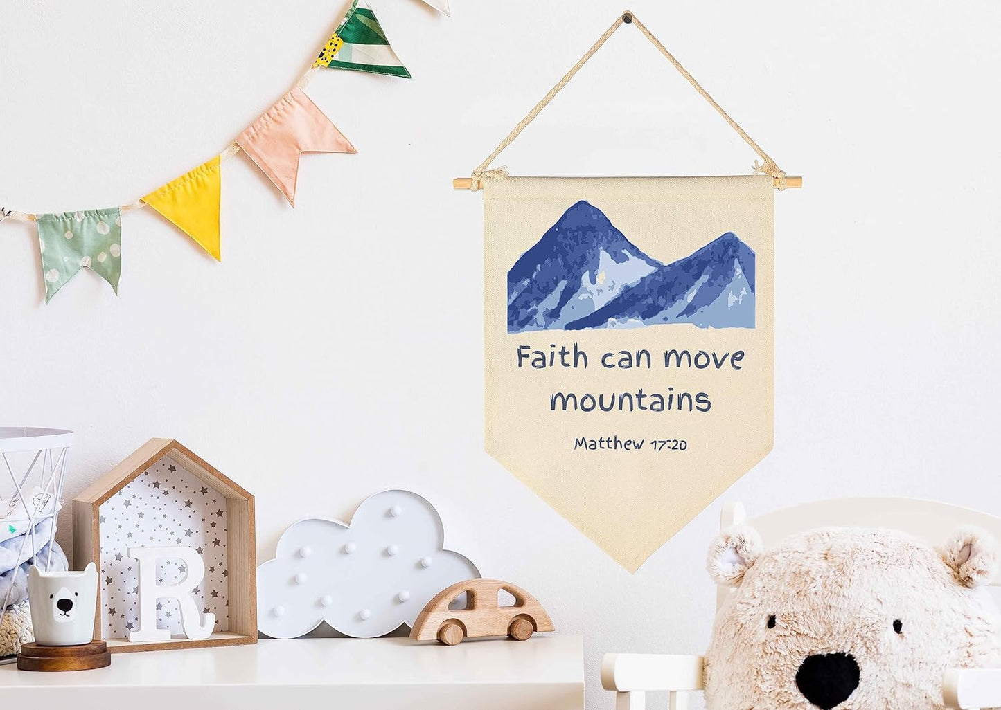 Faith can move Mountains-Kids Memory Bible Verse Banner Decor-Scripture Flag Sign Gifts for Boys Girls Baby Newborn-Banner Wall Art Gifts for Nursery Baby Room Playroom Bedroom Front Door