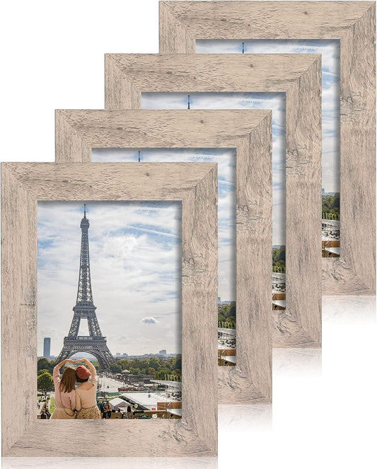iRahmen 4x6 Picture Frame Set of 4, High Definition Real Glass Smoke Gray Frame, 4 x 6 Wood Photo Frames for Tabletop Display and Wall Mounting
