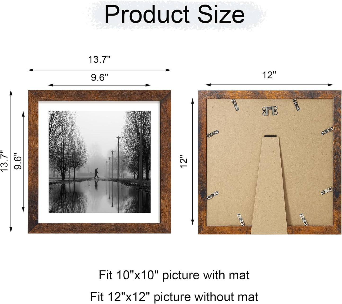 iRahmen 12x12 Picture Frame Set of 4 with Tempered Glass, Rustic Frame Display 10x10 Pictures with Mat or 12 x 12 Without Mat, Wood Square Photo Frames for Desktop Display and Wall Mounting