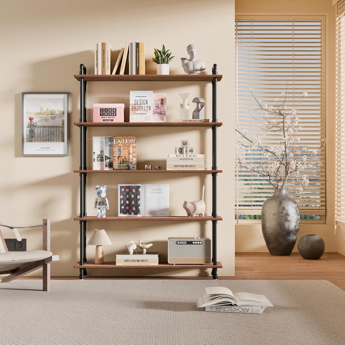 Industrial Bookshelf, 5-Tier Pipe Shelf, Wall Mounted Bookcase for Home and Office (Weathered Brown, 48" L x 11.8" W x 70" H)