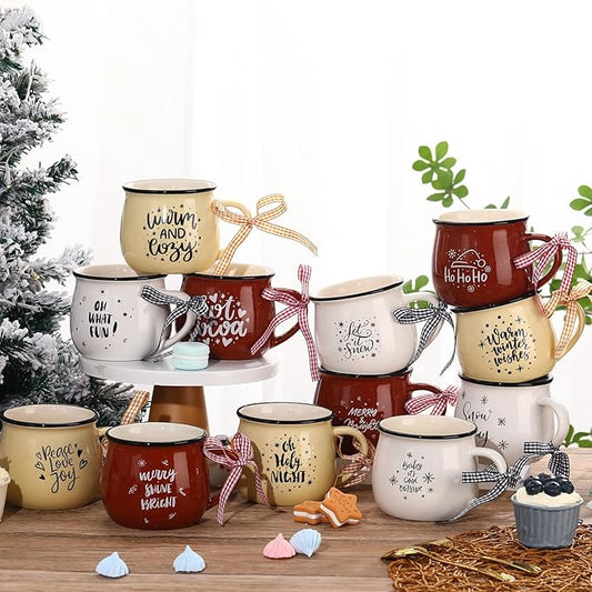 Zubebe Christmas Coffee Mugs Set of 12, 12 oz Hot Cocoa Ceramic Holiday Mugs Set for Mom, Woman, Family, Friend - Farmhouse Tiered Tray Decor, Coffee Bar Decor(White, Yellow, Brown)