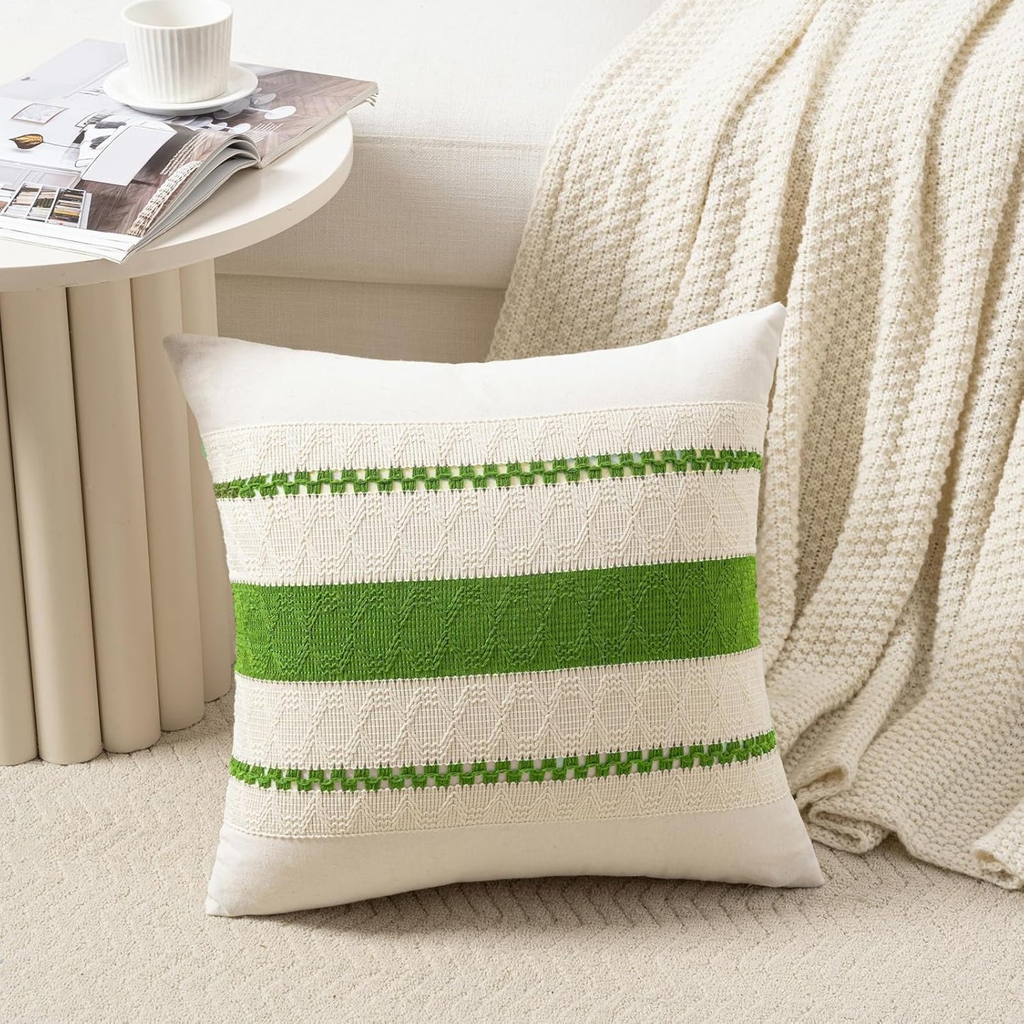 Fancy Homi Set of 2 Boho Lime Green Decorative Throw Pillow Cover 18x18 Inch for Couch Bed Sofa, Aesthetic Modern Organic Farmhouse Home Decor, Soft Cotton Cute Accent Macrame Woven Cushion Case