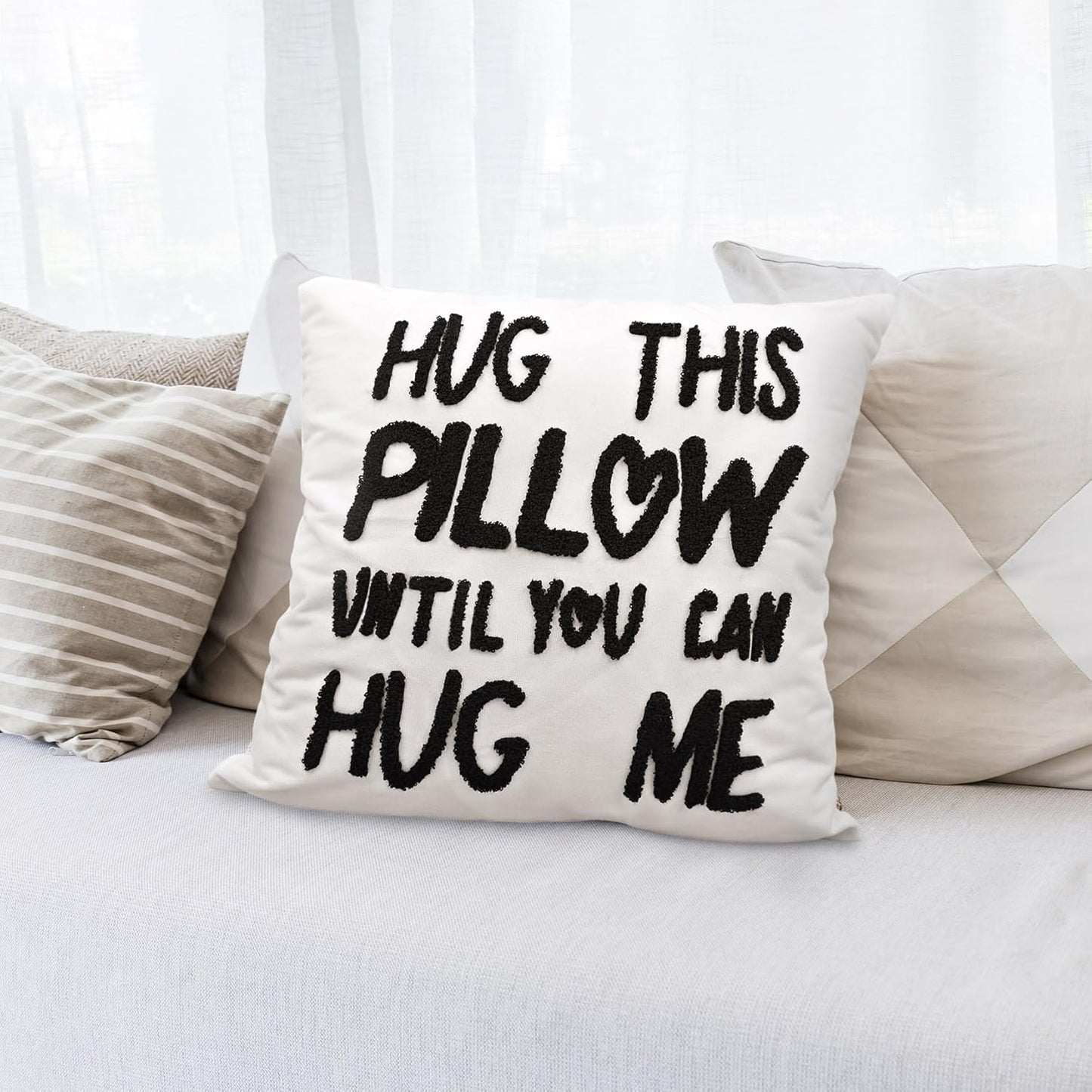 Hug This Pillow Until You Can Hug Me Throw Pillow Covers Decor for Home Bedroom, 18'' x 18'' Embroidery Pillow Case, Boyfriend Girlfriend Birthday Gifts，Long Distance Relationships Gifts (white)