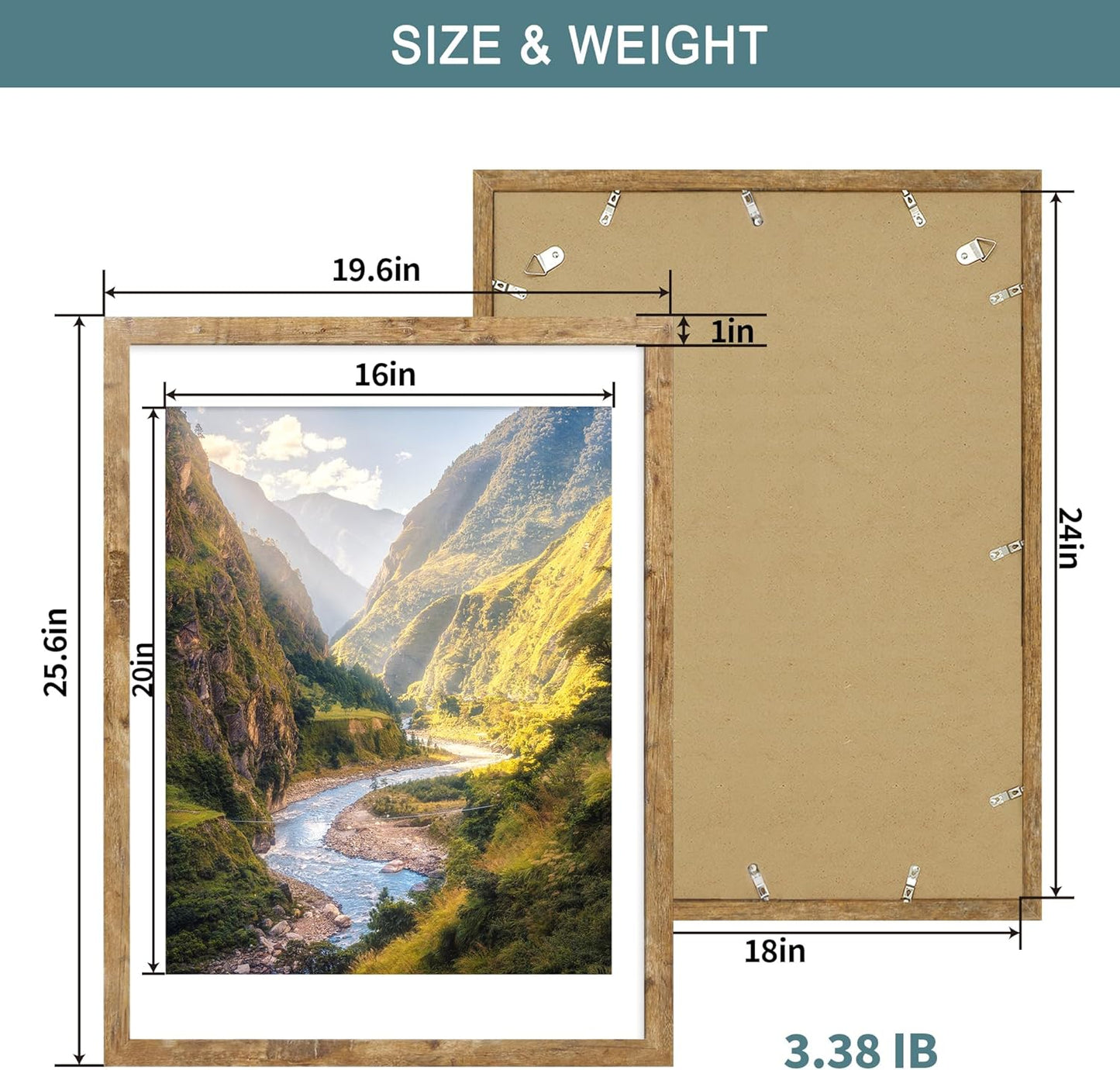 iRahmen 18x24 Picture Frame Set of 2, Rustic Brown Wood Poster Frame with Plexiglass, Display 16x20 Picture with Mat or 18 x 24 Without Mat for Photo Wall Gallery Mounting