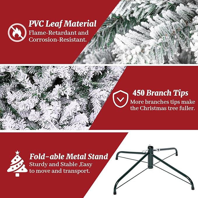 ULICO 4ft Snow Flocked Artificial Christmas Tree,Premium Spruce Xmas Tree with 450 Branch Tips, Fake Christmas Tree with Foldable Metal Base Stand,Home, Office,Party Decoration