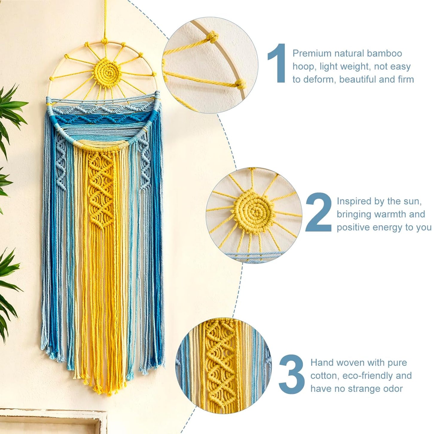 Mcrame Blue Sun Wall Decor Boho Hanging Tapestry Sunburst Wall Art, Rustic Woven Tapestries Big Dream Catcher Sunshine Decor for Bedroom Living Room Nursery (Blue Sunshine)