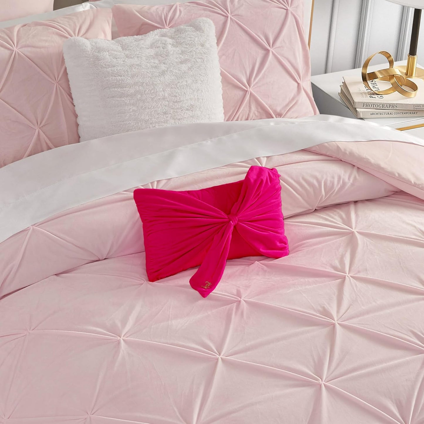 Juicy Couture Rectangle 1-Piece Decorative Accent, Premium Reversible Throw Pillow, Living Room and Bedroom Décor, 10"x18", Velvet Bow-Hot Pink