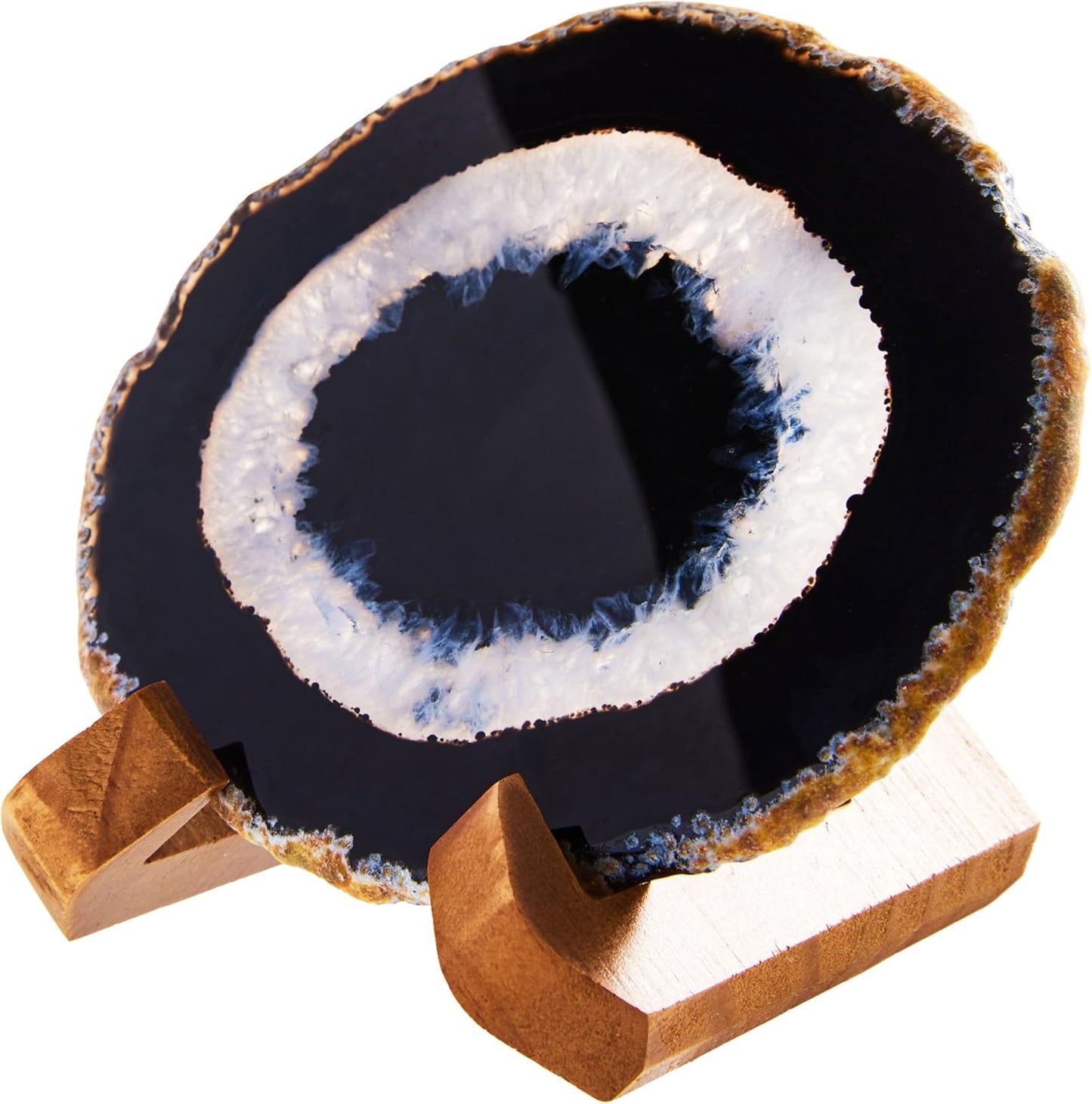 Luxury Lane Large Natural Brazilian Agate Slice Geode Rock Stone Drink Coaster with Wood Holder 4.7-5.5 inch Centerpiece Table Decoration, Black Space