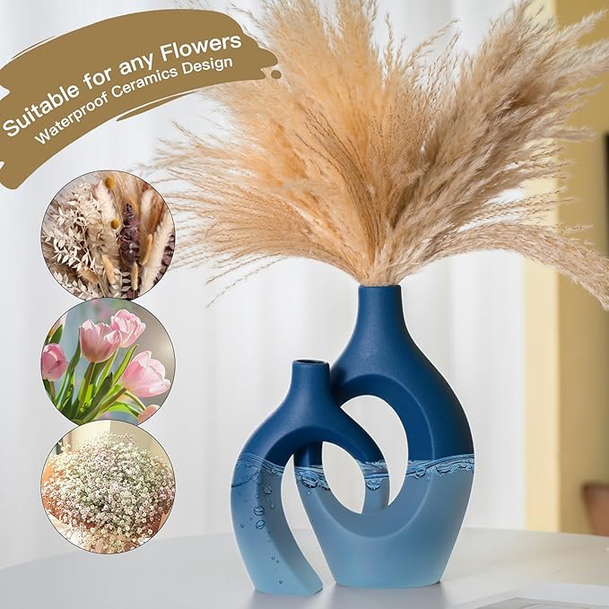 Snuggle Hollow Ceramic Vase Set of 2, 11Inch Nordic Modern Boho ins Style Decorative Ceramic Aesthetic Flower Vases for Home Decor Living Room Shelf Table Decorative (Matte Navy Blue)