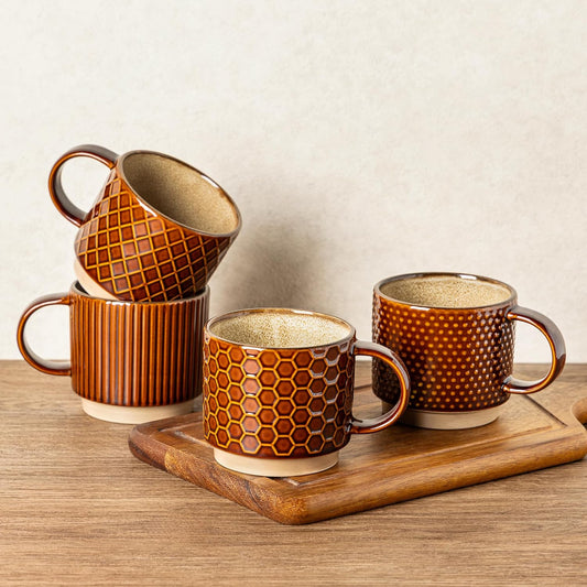 GBHOME 15OZ Stackable Coffee Mugs, Ceramic Coffee Cups with Texture Patterns for Man,Woman,Dad,Mom, Modern Mugs Set of 4 for Latte/Cappuccino/Cocoa. Dishwasher&Microwave Safe, Caramel