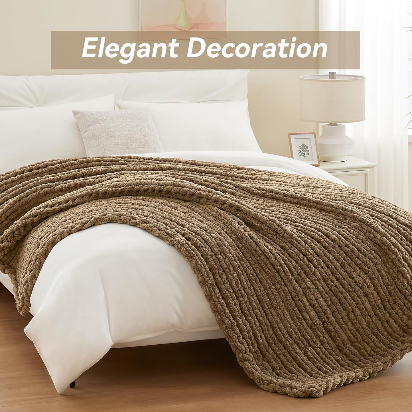 Chunky Knit Throw Blanket, 50''*60'' Knitted Throw Chenille Yarn for Bed Couch, Handmade Light Brown Crochet Big Thick Blanket, Machine Washable Cute Comfy Blanket for Home Decor