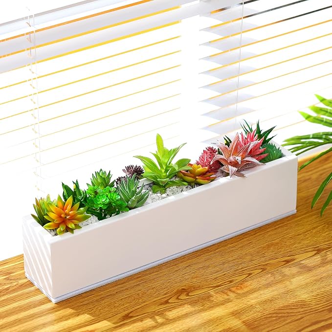 16.1 x 3.2 x 3.5 Inch Long Rectangular Planter Box Window Sill Plant Box Metal Water Trough Indoor Large Modern Steel with Drainage Holes Herb Garden Home(White)