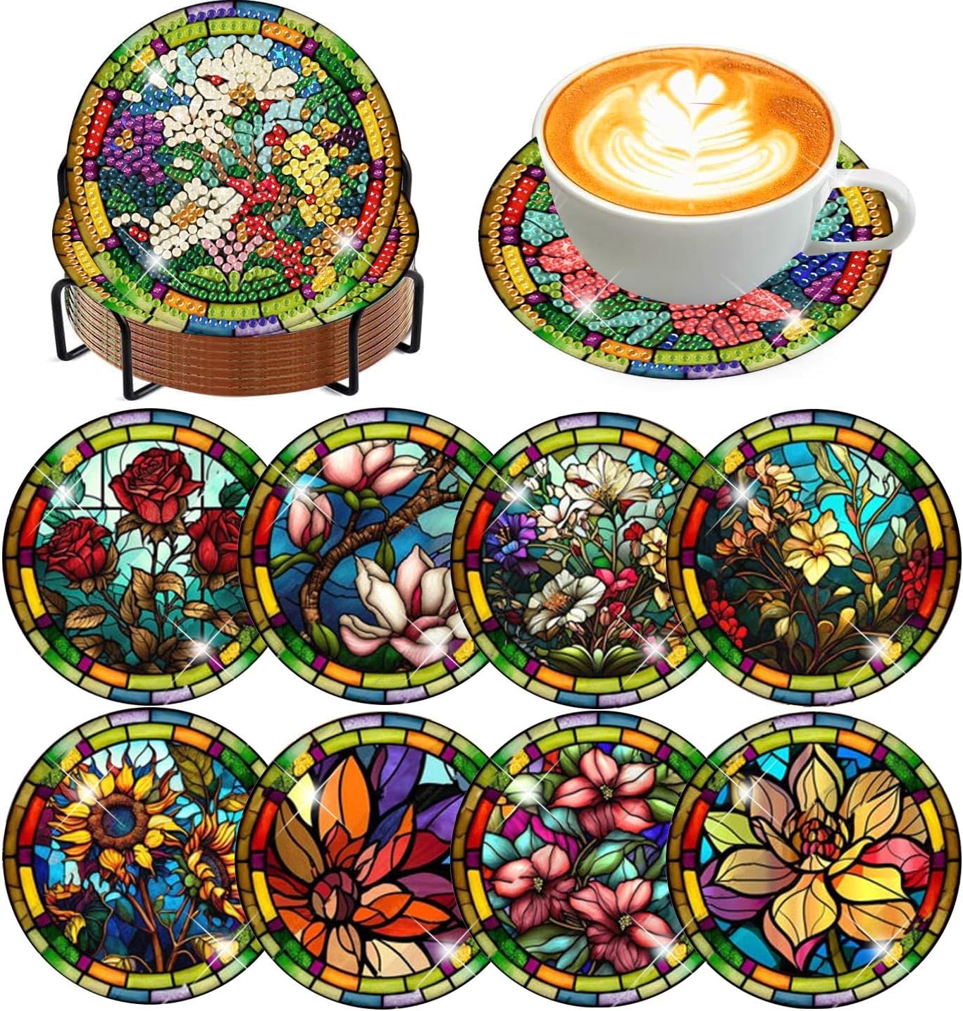 Meothan 8 Pcs Diamond Art Coasters Kits for Adults with Holder Cork Pads, Stained Glass Flowers Diamond Dots Art Painting Coasters Crafts Kit for Home Office Decor (4x4in)