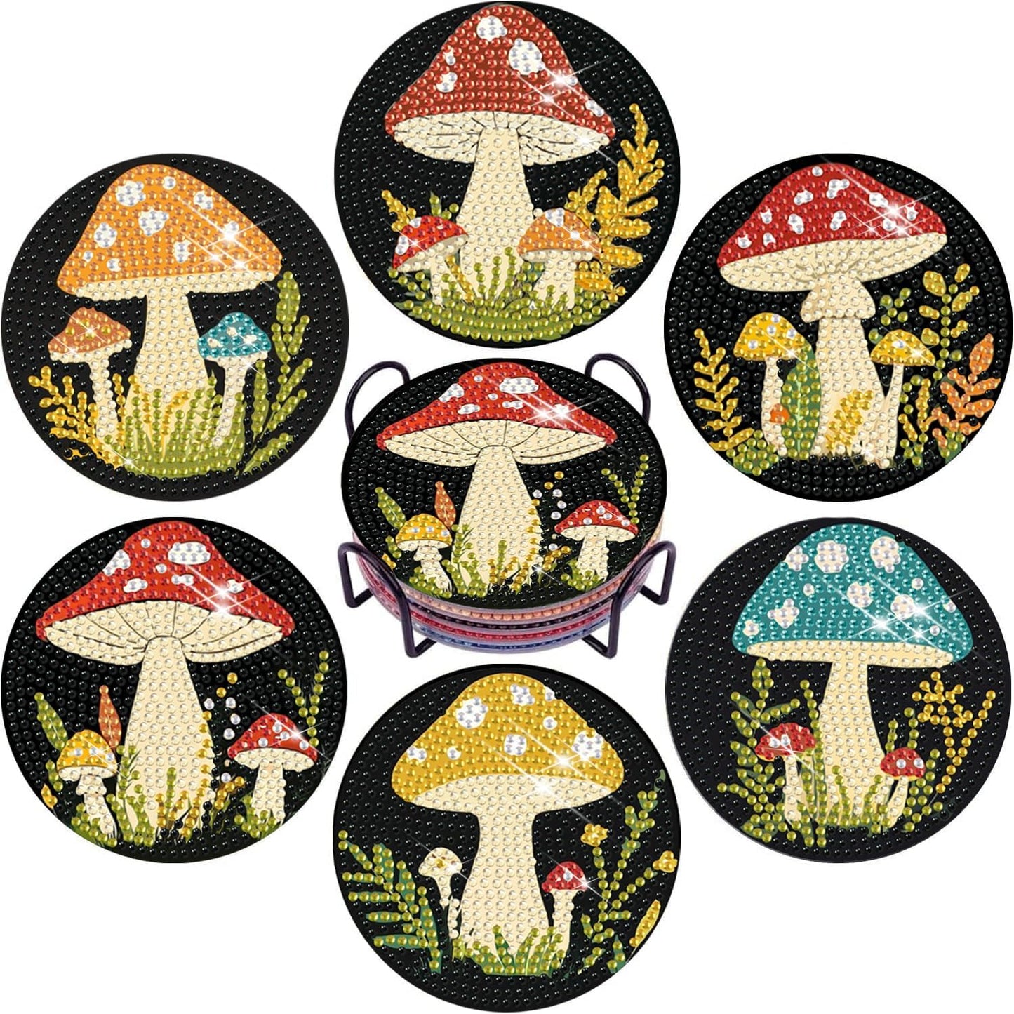EWJRNSF 6 PCS 5D Diamond Painting Coasters Kits with Holder, Small Diamond Art Kits for Adults Beginners Diamond Dots Arts and Crafts Gems Supplies Item Mushroom Shaped