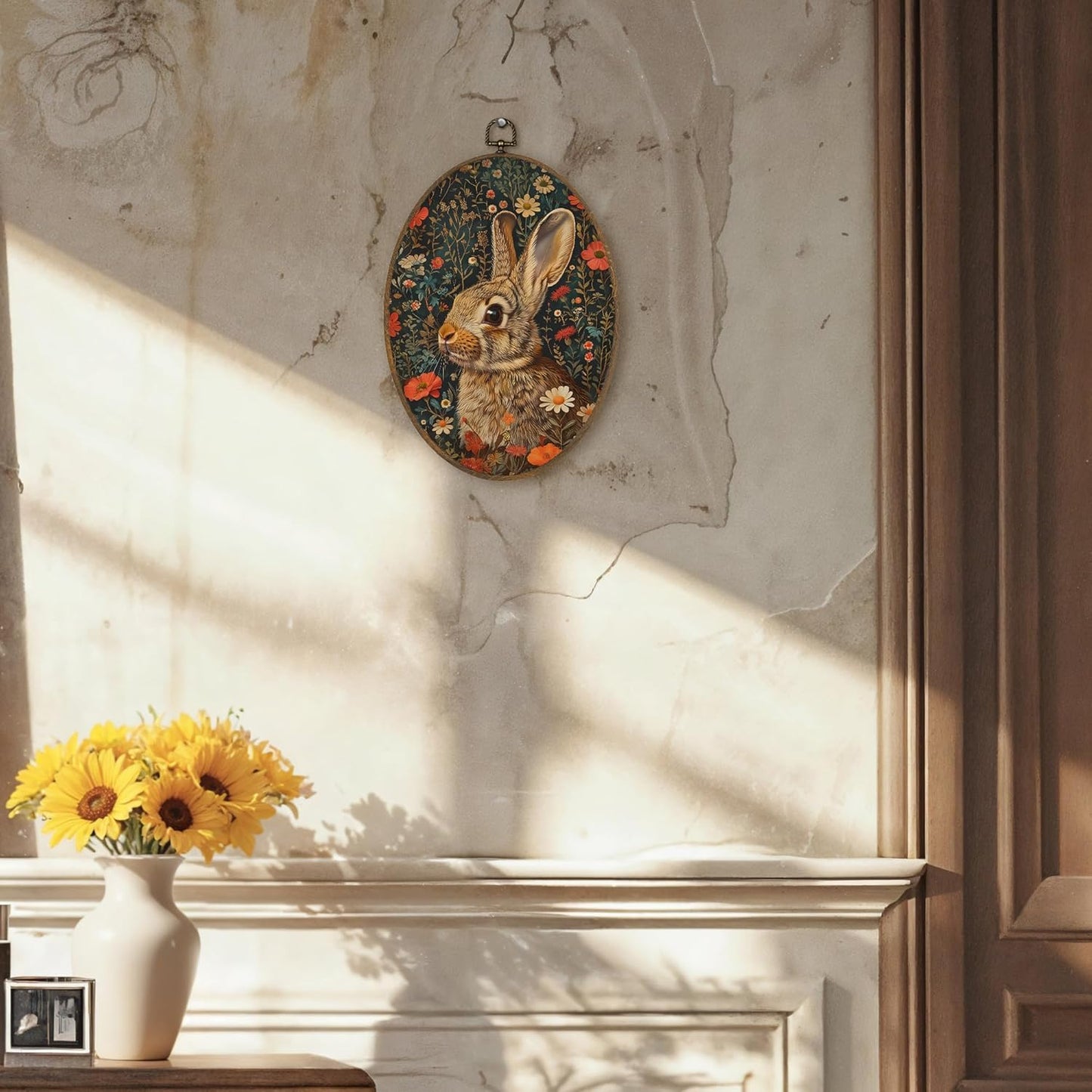 LKETW Vintage William Morris Bunny Floral Oval Wall Art Decor, Cottagecore Rabbit Botanical Floral Oval Canvas Hanging Decor, Retro Bunny Wall Decorations for Home Bedroom Living Room, 8.6x11.4 Inch