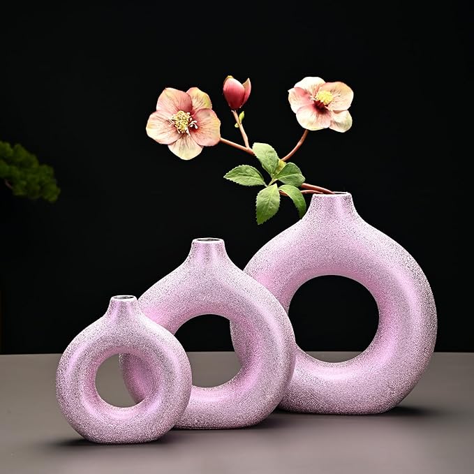 Set of 2 Donut Hollow Ceramic Vase Handmade Minimalist Boho ins Style, Modern Vase for Home Decor for Wedding Dinner Table Party Living Room Office Bedroom (Purple-Gold, Large + Small)