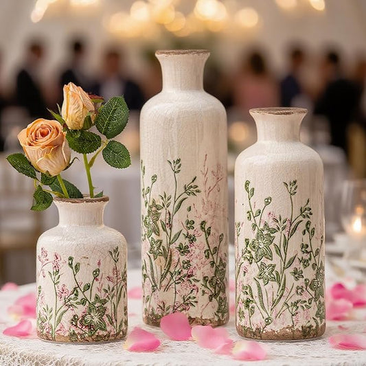 Set of 3 Ceramic Vase, Vintage Pink Floral Beige Vases, Rustic French Country Farmhouse Decorative Vases for Home Decor, Living Room, Mesa de Centro para Sala, Mantel, Kitchen,Table, Shelf Decor