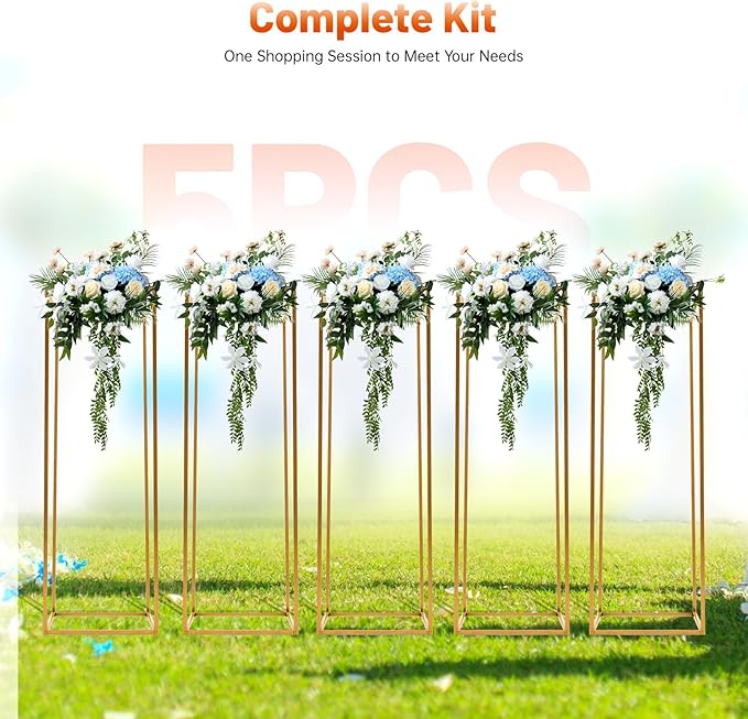 5 Pcs Metal Flower Stand for Wedding Centerpieces Stand Column Vases Wedding Flower Stand Rectangular Geometric Gold Centerpieces Stands for Wedding Decorations Home Party Event (5Pcs 31.49inch)