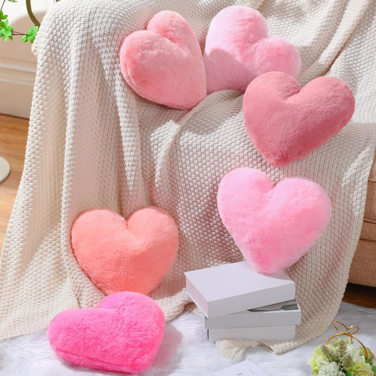 Liliful 6 Pcs Faux Rabbit Fur Heart Pillows Helloween Fluffy Heart Throw Pillows Christmas Cute Couch Cushion Soft Decorative Throw Cushion for Bed Sofa Girls Women(12 x 11 Inch,Pink Series)
