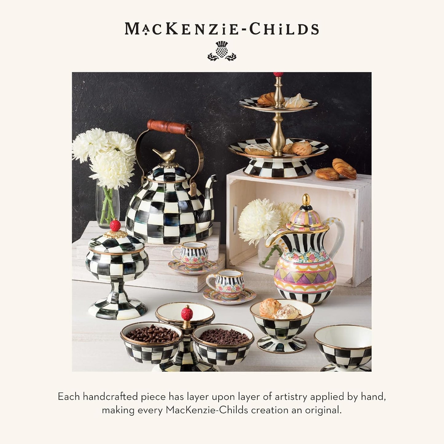 MACKENZIE-CHILDS Enamel Teacup, Unique Coffee and Tea Mug, Enamel Cup for Hot Tea, 10 Ounces, Black-and-White Courtly Check