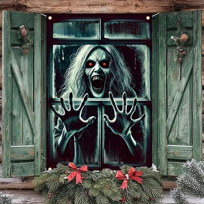 Window Cover Halloween 47x31 Inch Scary Red Eye Screaming Ghost Banner Creepy Horror Decoration for Haunted House Outdoor Indoor Poster Window Prop Decor