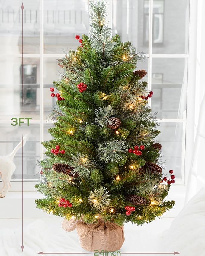 3ft Pre-lit Artificial Christmas Tree with 70 Warm White Lights, Flocked with 12 PineCones,12 Red Berries Green