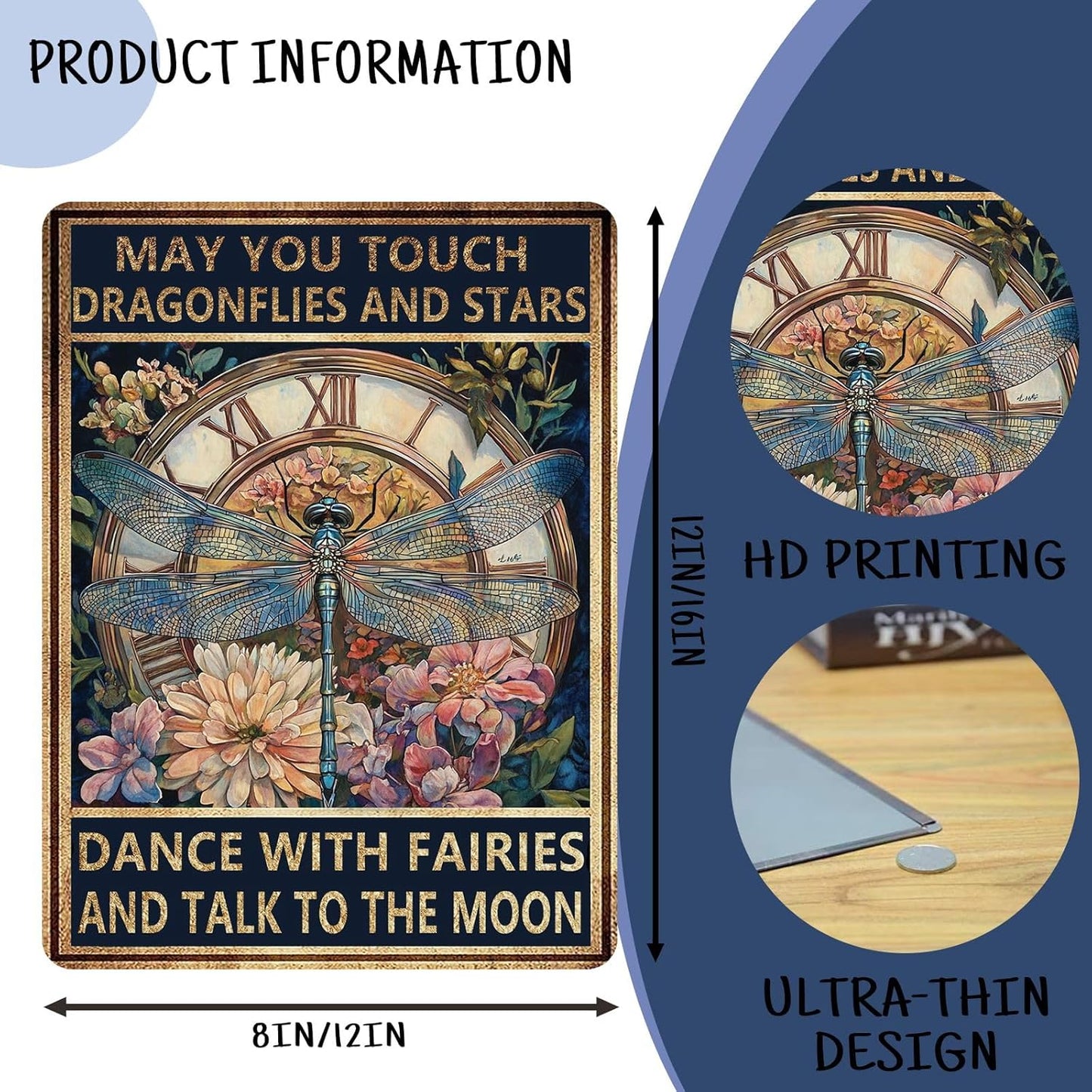 Metal Tin Signs May You Touch Dragonflies and Stars Dance with Fairies and Talk to The Moon Vintage Aluminum Sign Wall Decor for Home Living Room Garden Greenhouse Garage 8×12 Inch
