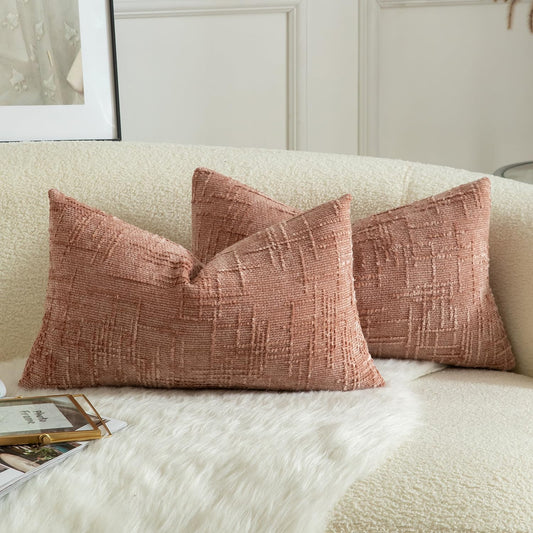 MANDIOO Pack of 2 Soft Chenille Textured Throw Pillow Covers Lumbar Accent Solid Decorative Cushion Cover Cozy Farmhouse Pillow Case for Couch Sofa Bed Living Room 12x20 Inch Dusty Pink