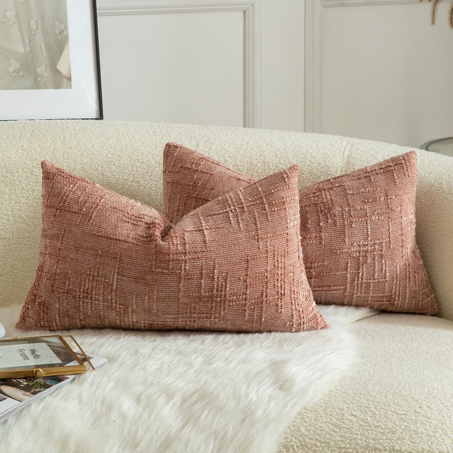 MANDIOO Pack of 2 Soft Chenille Textured Throw Pillow Covers Lumbar Accent Solid Decorative Cushion Cover Cozy Farmhouse Pillow Case for Couch Sofa Bed Living Room 16x24 Inch Dusty Pink
